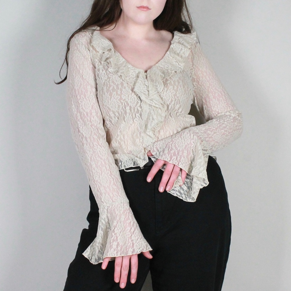 Floral Lace Cream White Bell Sleeve Peasant Blouse
